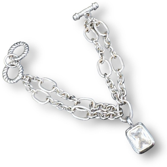 Dangle CZ Double Chain Bracelet Silver Tone Toggle Clasps - Picture 1 of 6